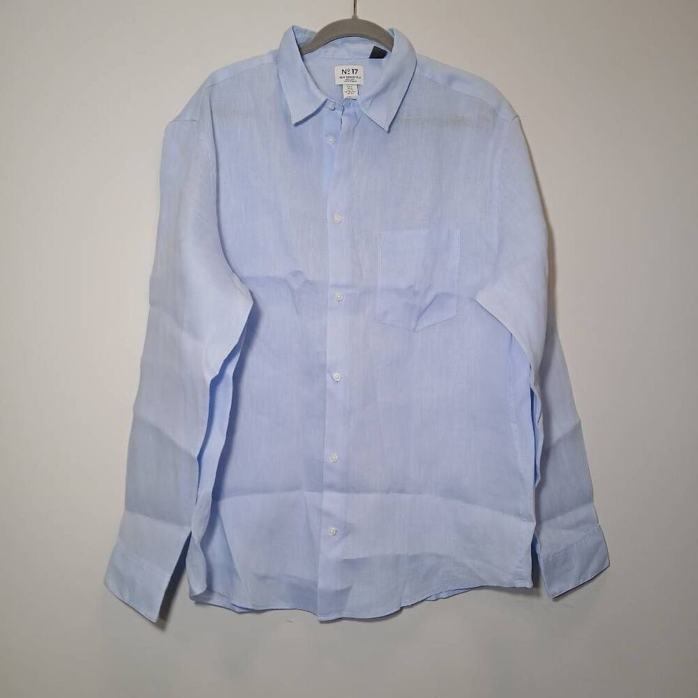 H & m no 17 mens xl BIG tall fit 100% linen shirt baby blue